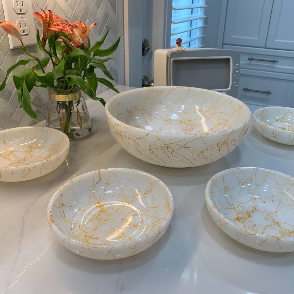 Fantastic Vintage Hazel Atlas Milk Glass Butterscotch Drizzle Serving Bowl Set - Picture 3 of 15